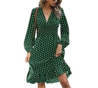 KBRPEY Abito Elegante Donna Maniche Lunghe Lungo Casual a Pois Sciolto a Vita Alta Vestiti Eleganti Cnico con Scollo a V per Party Cocktail Clubwear (Verde S)
