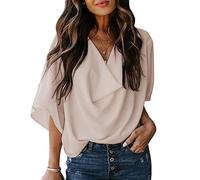 KBRPEY Camicia Donna Chiffon Elegante Magliette Donna Manica Corta Scollo a V Blusa Casual Camicetta Colore Puro T Shirt Donna Tops Maglietta con Maniche Svasate(Albicocca M)