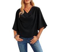 KBRPEY Camicia Donna Chiffon Elegante Magliette Donna Manica Corta Scollo a V Blusa Casual Camicetta Colore Puro T Shirt Donna Tops Maglietta con Maniche Svasate(Nero XL)
