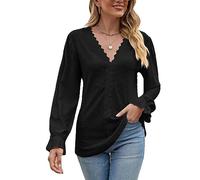 KBRPEY Maglietta a Maniche Lunghe T Shirt Donna Scollo V Camicia Eleganti Camicetta Blusa Maniche Lunge Top in Pizzo Sciolti per Autunno/Inverno(Nero L)