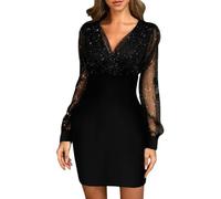 KBRPEY Mini Vestiti Maniche Lunghe Donna in Pizzo Abito a Vita Alta Abiti in Paillettes Abiti a Maniches-Lunghes Vestito da Cerimonia Donna Formale (Nero XL)
