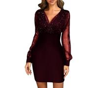 KBRPEY Mini Vestiti Maniche Lunghe Donna in Pizzo Abito a Vita Alta Abiti in Paillettes Abiti a Maniches-Lunghes Vestito da Cerimonia Donna Formale (Rosso Vino XXL)