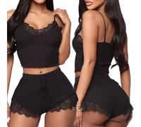 KBRPEY Pigiama Completo Donna Corto Estivo Set Canotta con Pizzo e Pantaloncini Top Elegante Sleepwear Nightwear Cami Pigiama Completo Donna Due Pezzi Set Pantaloncini