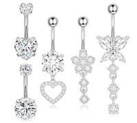 KBRPEY Set di 5 Piercing Ombelico Argento con Zirconi Pircing Ombelico Cuore e Farfalla Classici e Pendenti Gioielli per Bikini e Stile Estivo (Argento 2)
