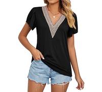 KBRPEY T Shirt Donna Maglietta Maniche Corte Scollo V con Pizzo Camicia Elegante Maglia Estiva Top Casual Abbigliamento Primavera Estate Tshirt Sportiva