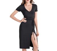 KBRPEY Vestito Maniche Corte Donna Estivo Abito Elegante Scollo a V con Spacco Vestiti Estivi Midi Cocktail Cerimonia Abito da Sera Aderente con Cintura