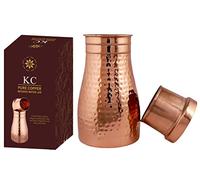 KC Borraccia in puro rame martellato, brocca per l'acqua, per camera da letto, caraffa da comodino con bicchiere, vetro con coperchio, con rivestimento laccato, 1000 ml