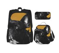 KCGSDEGV Set di 3 borse per la scuola con motivo ornamentale con teschio e fiori, set con borsa per il pranzo e astuccio, grazioso zaino per studenti per adolescenti, ragazze e ragazzi, Carlino carino