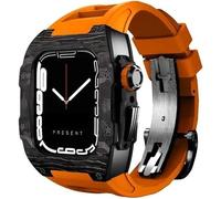 KCHSRKHXC Carbon Fiber Bezel Watch Case Fluorine Rubber Band,For Series 9 8 7 6 5 4 SE 44mm 45mm Replacement Accessories,Watch Case Strap Stainless Steel ClaspKit