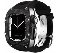 KCHSRKHXC Carbon Fiber Bezel Watch Case Fluorine Rubber Band,For Series 9 8 7 6 5 4 SE 44mm 45mm Replacement Accessories,Watch Case Strap Stainless Steel ClaspKit
