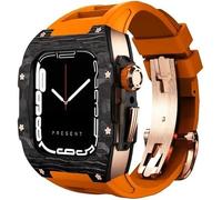 KCHSRKHXC Carbon Fiber Bezel Watch Case Fluorine Rubber Band,For Series 9 8 7 6 5 4 SE 44mm 45mm Replacement Accessories,Watch Case Strap Stainless Steel ClaspKit