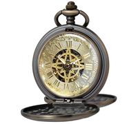 Kchss Orologio da tasca meccanico con numeri romani, quadrante scheletrato, con scatola e catene, per uomo e donna, B-d. Bussola, Bronzo, Oro