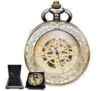 Kchss Orologio da tasca meccanico, per uomo e donna, con lente d'ingrandimento speciale, cassa incisa, numeri romani con catena, B-D. Bussola, bronzo, oro + scatola di legno