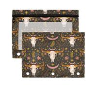 Kcldeci Astuccio a 3 anelli con teschio di toro e scheletro western, astuccio con cerniera per raccoglitori a 3 anelli, con finestra trasparente, per forniture da ufficio, confezione da 2, Multicolore