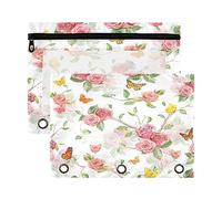 Kcldeci Astuccio per raccoglitore a 3 anelli, rose e farfalle volanti, confezione da 2 astucci con cerniera e occhielli rinforzati, astuccio per raccoglitore, Multicolore, 9.8*7*0.1inch/ 25*18*0.5cm