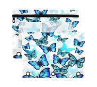 Kcldeci Astuccio portamatite a 3 anelli, motivo: farfalle blu volanti, 2 confezioni con cerniera e finestra trasparente, per riporre articoli scolastici e ufficio, Multicolore, 9.8*7*0.1inch/