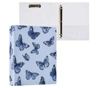 Kcldeci Raccoglitore a 3 anelli con copertina rigida, farfalle blu, anelli rotondi da 3,8 cm, con tasche interne, per scuola e ufficio, ricette, 1 confezione