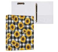 Kcldeci Raccoglitore a 3 anelli con copertina rigida per carta formato lettera, girasoli gialli su un percalle bianco e nero con anelli rotondi da 3,8 cm, organizer per scuola/ufficio, confezione da 1