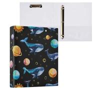 Kcldeci Raccoglitore a 3 anelli con copertina rigida, pianeti e sole balene, anelli rotondi da 3,8 cm, con tasche interne, per scuola, ufficio, ricette, 1 confezione