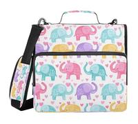 Kcldeci Raccoglitore con cerniera a 3 anelli con elefanti colorati, 3,8 cm, organizer da 500 fogli, con tracolla, portadocumenti espandibili, per scuola e ufficio