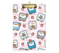 Kcldeci Simpatico pinguino in forma quadrata con fragola in acrilico, tavolette portablocco formato A4 standard per classe, insegnanti, donne, lavagna con clip per ufficio e scuola, colore oro, 30,5 x