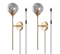 KCO - Applique da parete moderne con cavo a spina, set di 2 lampade da parete in vetro grigio fumé con interruttore on/off, con braccio lungo, lampade da parete industriali in oro medio secolo per