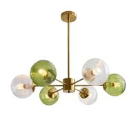 KCO Lighting Clear Globe Lampada a sospensione 6-Lights Lampadario di vetro della bolla Lampada a soffitto Mid Century Moderno Lampadario Verde Ribbed Flush Mount Luce Lampadario in ottone spazzolato