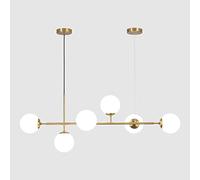 KCO Lighting Lampadario in vetro lattimo a 6 luci, lampadario lineare moderno a globo, lampada a sospensione bianca e oro Lampadario rettangolare di metà secolo per isola cucina