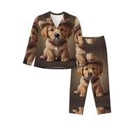 kdaerpt Elegante cucciolo che indossa un cappello da cowboy stampe Set pigiama da donna - Caldo abbigliamento da casa autunno/inverno, Nero , M