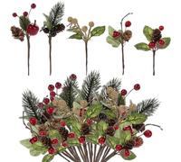KDAMGOQE 30pcs Christmas Picks, Berries Red Berries Cones Evergreen Giove Natalizio Ornamenti per Le Forniture Artigianali per Compleanno, Matrimonio, centrotavola da Tavolo