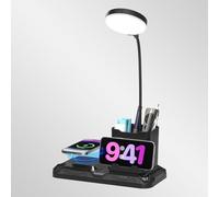 KDD Lampada da Scrivania con Ricarica Wireless, 4 in 1 Lampada da Comodino Rotante a 360° con Supporto Telefono e Portapenna, Regolabile a Doppia Modalità Lampada da Lettura per Scuola Casa (Nero)