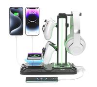 KDD Porta Cuffie da Scrivania con ricarica wireless - Supporto per Controller Ruotabile con 9 modalità di illuminazione - Stand Cuffie con 2 Porte USB e di Tipo C - Accessori Gaming per PC (Nero)