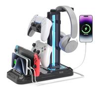 KDD Porta Cuffie da Scrivania con Supporto per Telefono - Porta Controller Staccabile con 9 Modalità di Illuminazione, Supporto Cuffie Ruotabile con Porte di Ricarica USB, Stand Cuffie Gaming, Nero