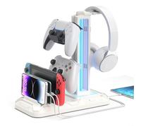 KDD Porta Cuffie da Scrivania con Supporto per Telefono - Porta Controller Staccabile con 9 Modalità di Illuminazione, Supporto Cuffie Ruotabile con Porte di Ricarica USB, Stand Cuffie Gaming, Bianco