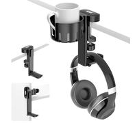 KDD Porta Cuffie da Scrivania Ruotabile, 2 in 1 Porta Bicchieri Universali, Supporto Cuffie sotto la Scrivania, Accessori Scrivania adatto per Tazze di Caffè, Cuffie Gaming, Nero