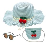 KDFSSIPE 3pcs Cappello da Spiaggia Estivo Set Borse di Paglia Cappello di Paglia con Ciliegia Occhiali da Sole Verde Cappello da Sole per Turismo Vacanze Spiaggia attività All'aperto Ragazze Bambini