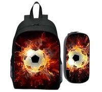 KDFSSIPE Fiamme di Calcio Borsa da Scuola, Borsone Calcio Uomo, Borsa da Calcio, Adatto per la Scuola e i Viaggi, con Astuccio, Zaino Leggero Regolabile, Borsa da Scuola con Motivo di Calcio，2PCS