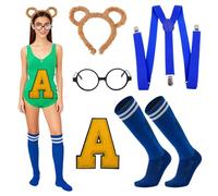 KDFSSIPE Set Di Costumi Da Scoiattolo 5 Pezzi,Accessori Per Scoiattoli,Orecchie Da Scoiattolo,Calzini Al Ginocchio Da Donna,Occhiali Neri e Adesivo Ricamato Con Lettera A Per Feste e Cosplay (Blu)