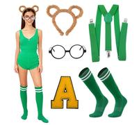 KDFSSIPE Set Di Costumi Da Scoiattolo 5 Pezzi,Accessori Per Scoiattoli,Orecchie Da Scoiattolo,Calzini Al Ginocchio Da Donna,Occhiali Neri e Adesivo Ricamato Con Lettera A Per Feste e Cosplay (Verde)