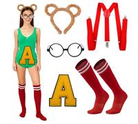 KDFSSIPE Set Di Costumi Da Scoiattolo 5 Pezzi,Accessori Per Scoiattoli,Orecchie Da Scoiattolo,Calzini Al Ginocchio Da Donna,Occhiali Neri e Adesivo Ricamato Con Lettera A Per Feste e Cosplay (Rosso)