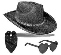 KDFSSIPE Western 3-piece Cowboy Hat, Cappello da Cowboy Western Nero, Glitter Black Cowboy Hat, Adatto per Feste di Addio al Nubilato e Feste di Compleanno a Tema Halloween