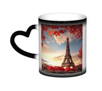 KDKJEDPEAF Tazza da caffè in ceramica sensibile al calore che rivela l'immagine a sorpresa della Torre di Parigi e foglie rosse, magica tazza che cambia colore, 325 ml (nero, rosso, blu)