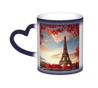 KDKJEDPEAF Tazza da caffè in ceramica sensibile al calore che rivela l'immagine a sorpresa della Torre di Parigi e foglie rosse, magica tazza che cambia colore, 325 ml (nero, rosso, blu)