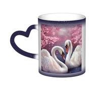 KDKJEDPEAF Tazza magica che cambia colore con cigni bianchi con albero floreale rosa, 325 ml, tazza da caffè in ceramica sensibile al calore, rivela l'immagine a sorpresa, regalo per lei, per lui