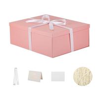 KdmNzoo Scatola regalo con coperchio, 42 x 32 x 15,5 cm, taglia XXL, confezione regalo con fiocchi, biglietti di auguri, Raffia Hamper Shreds per rosa