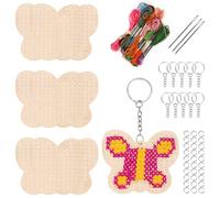 Keadic Btterfly, kit per punto croce in legno, 64 pezzi, crea i tuoi 10 portachiavi a punto croce, kit da cucito in legno, fai da te e artigianato, farfalla, ornamenti a cuori, kit per ricamo con ago