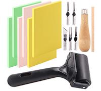 Keadic Kit di 12 blocchi in gomma morbida, viene fornito con strumenti per tagliare linoleum e rulli in gomma da 5 cm, rullo per colla per inchiostro, blocchi di vernice, stampaggio, carta da parati e