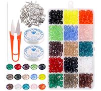 Keadic - Kit di perline in vetro briolette da 8 mm, in 15 colori, per bracciali, collane, orecchini e altri gioielli fai da te, con cordino elastico da 0,8 mm, forbici artigianali, ciondolo rustico