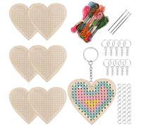 Keadic Kit per punto croce in legno a forma di cuore, 64 pezzi, crea i tuoi 10 portachiavi a punto croce, kit da cucito in legno, cuori per arti e mestieri, ornamenti a cuori, kit da ricamo in