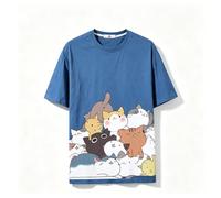 keadiseu -2XLT-Shirt-Cartoon Cat Print Maniche Corte Camicia con Bottoni per Uomini e Donne-Blu